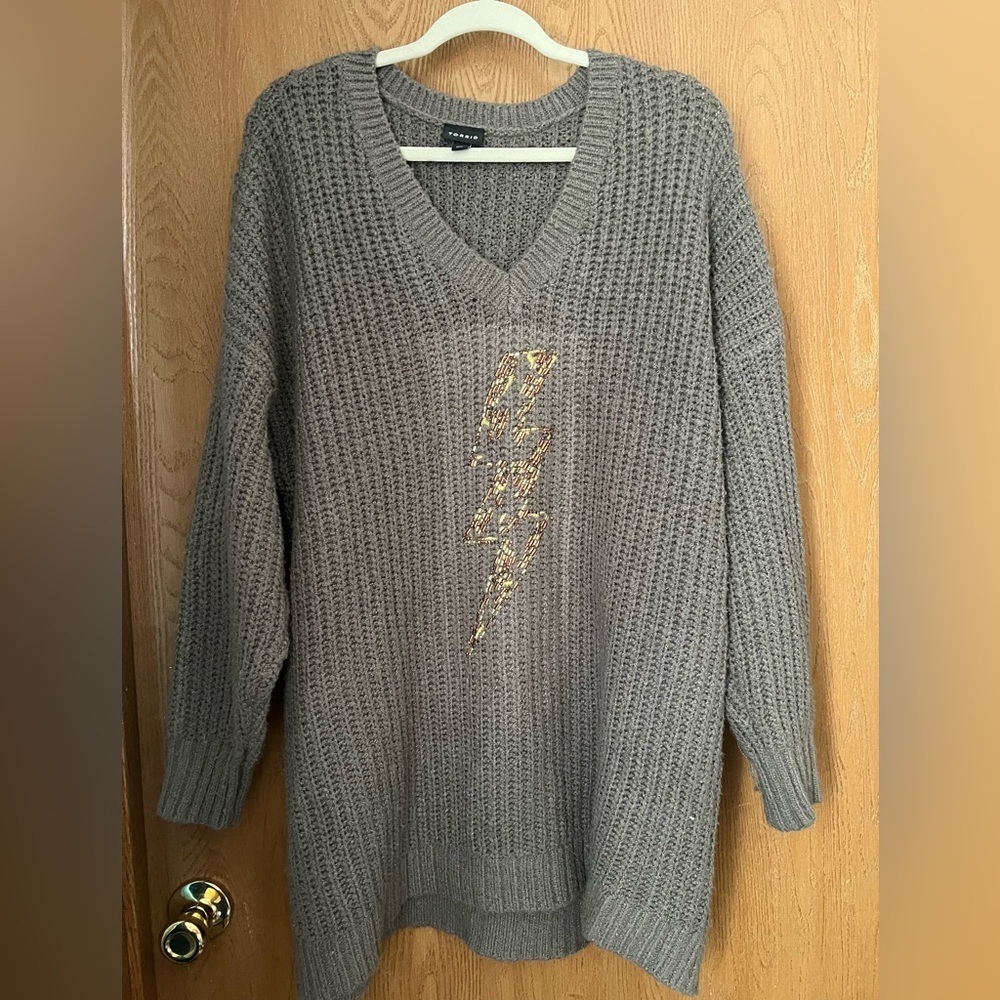 Torrid 3x Gray V-Neck Sweater with Gold Lightning Bolt